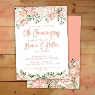 Pfirsich Erröten Elfenbein Blumen 5. Hochzeitstag Einladung