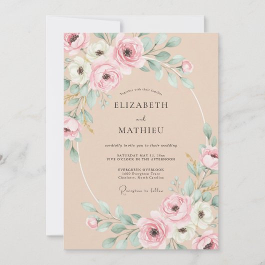 Pfirsich Exquisite Botanische Hochzeit Einladung (Vorderseite)
