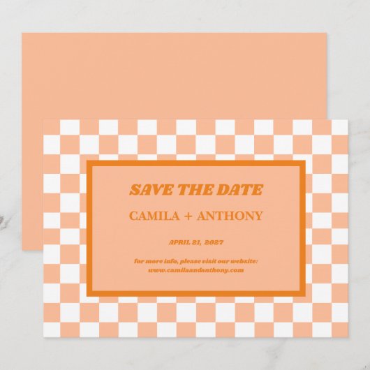 Pfirsich Flaum Orange kariert Gingham-Muster Save The Date (Vorne/Hinten)