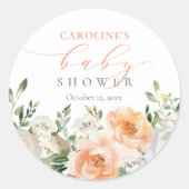 Pfirsich Floral Baby in Bloom Girl Babydusche Runder Aufkleber (Vorderseite)