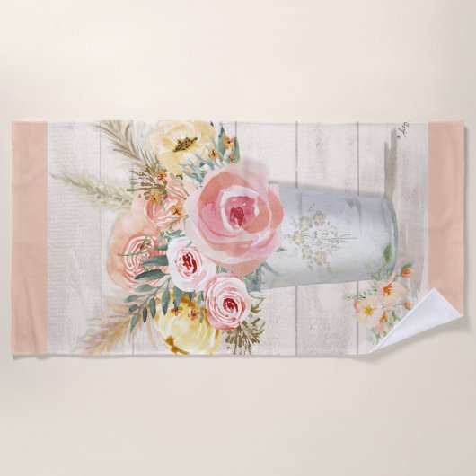Pfirsich Floral Pampas Rustische Hütte Holz Wasser Strandtuch (Vorderseite)
