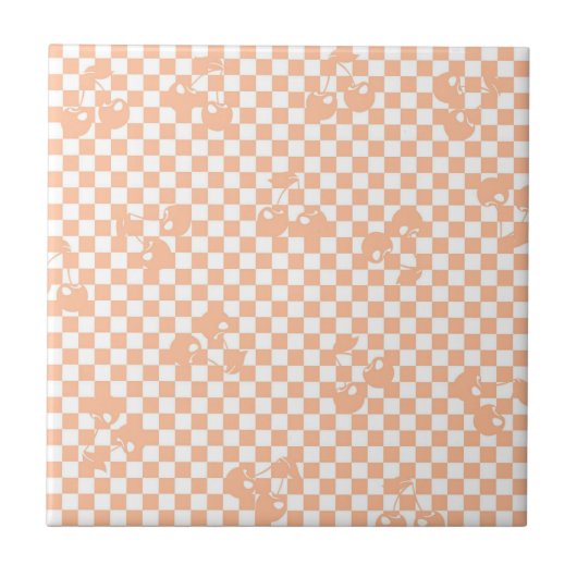 Pfirsich-Fuzz-Kirsch-Gingham-Muster Fliese (Vorderseite)