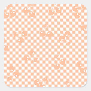 Pfirsich-Fuzz-Kirsch-Gingham-Muster Quadratischer Aufkleber