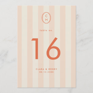 Pfirsich-gestreifte Monogramm-Hochzeitstisch-Numme Einladung