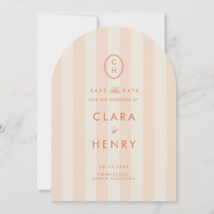 Pfirsich gestreifte Monogramm Save-the-Date-Karte Einladung