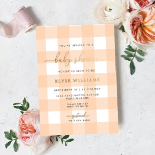 Pfirsich-Gingham-Baby-Shower-Folie-Einladung Folieneinladung