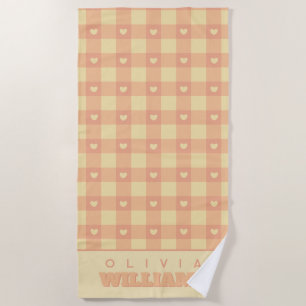 Pfirsich-Gingham-Herzmuster, Süßer Kawaii-Karo Mus Strandtuch