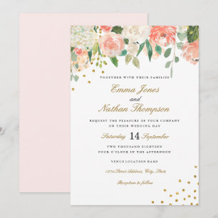 Pfirsich-Gold-Aquarell-Blumen-Hochzeitseinladung Einladung