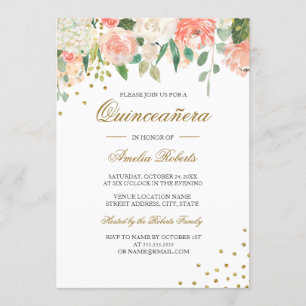 Pfirsich Gold Aquarell Blumen Quinceanera Einladung