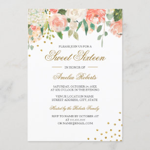 Pfirsich-Gold-Aquarell-Blumen-Sweet-Sixteen Einladung