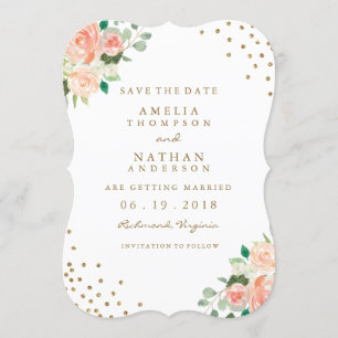 Pfirsich-Gold-Blumen-Konfetti-Hochzeit-Sparen Sie Save The Date