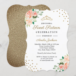 Pfirsich-Gold-Blumen-Konfetti-Sweet-Sixteen-Einlad Einladung
