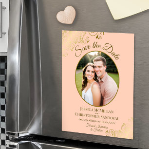 Pfirsich & Gold Elegante Hochzeit Termin merken Ov Magneteinladung