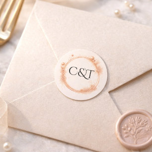 Pfirsich Gold Glanz Schriftzug Monogramm Hochzeit Runder Aufkleber