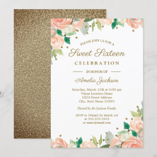 Pfirsich-Gold-Glitter-Blumen-Einladung zum Sweet S Einladung