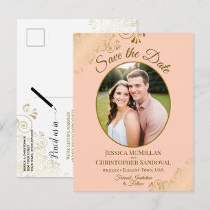 Pfirsich & Gold Posh Hochzeit Merken Sie sich den  Ankündigungspostkarte