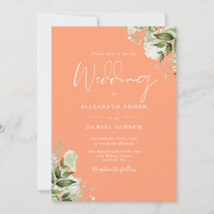 Pfirsich-Grünzeug-Blumen-Monogramm-Hochzeit Einladung