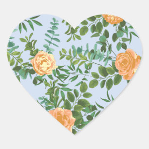 Pfirsich Hellblaue Hochzeitsrosen Floral Herz-Aufkleber