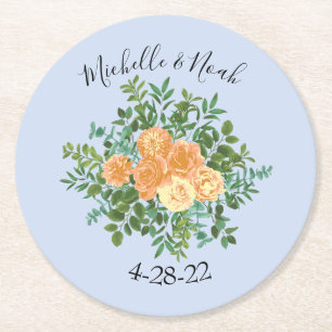 Pfirsich Hellblaue Hochzeitsrosen Floral Runder Pappuntersetzer