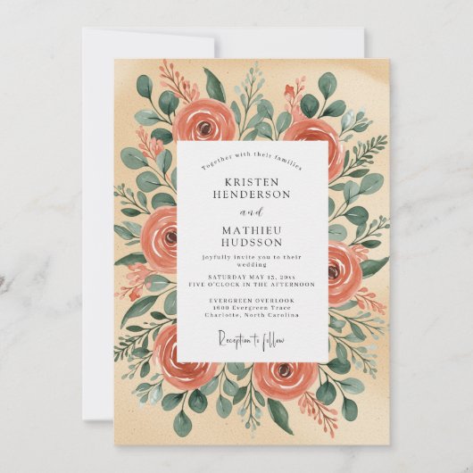 Pfirsich-Illustrative-Rustikale-Hochzeit Einladung (Vorderseite)
