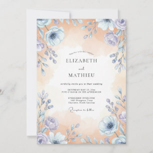 Pfirsich-Immergrün-Wildblumen-Hochzeit Einladung