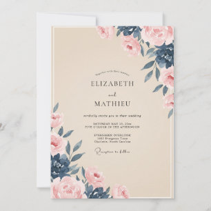 Pfirsich Indigo Gemalte Hochzeit Einladung