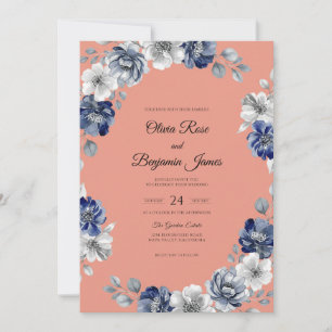 Pfirsich Indigo Mohn Hochzeit Einladung