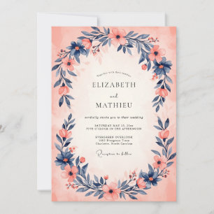 Pfirsich Indigo Serene Wasserfarben-Hochzeit Einladung