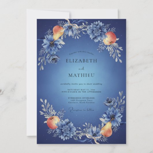 Pfirsich-Kobalt-Frucht-Eukalyptus-Hochzeit Einladung (Vorderseite)