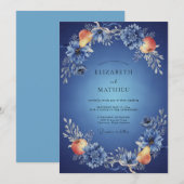 Pfirsich-Kobalt-Frucht-Eukalyptus-Hochzeit Einladung (Vorne/Hinten)
