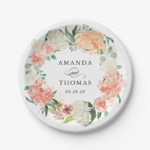 Pfirsich-Koralle erröten BlumenKranz-Hochzeit Pappteller