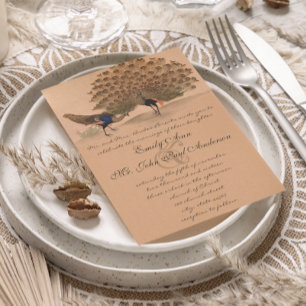Pfirsich-Korallen-Pfau-Hochzeitseinladungen Einladung