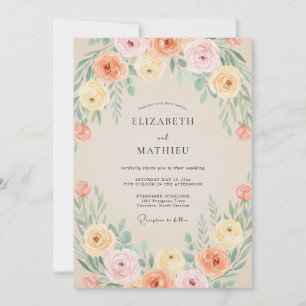 Pfirsich Korallen-Ranunculus Eukalyptus Hochzeit Einladung