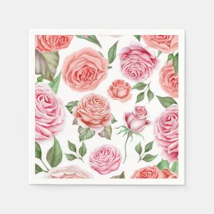 Pfirsich Korallen Rosa Rosen Grüne Blätter Shabby  Serviette