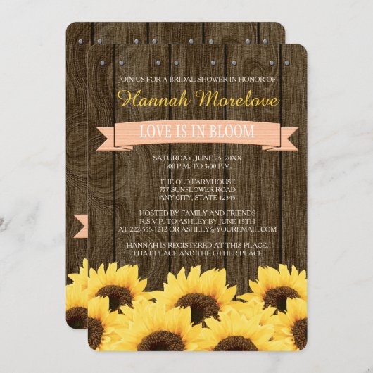 PFIRSICH-LADEN RUSTIKALES SONNENBLUME-BRAUTPARTY EINLADUNG (Vorne/Hinten)