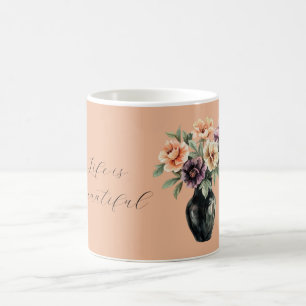 Pfirsich Lila Blumen Schwarze Vase Kaffeetasse