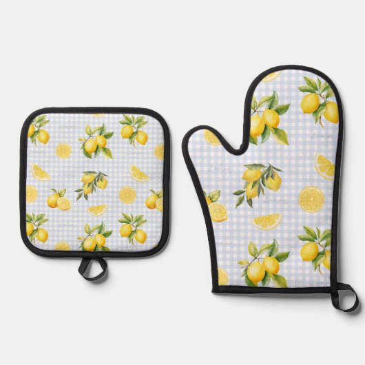 Pfirsich-Limonen-Gingham Ofenhandschuh & Topflappen-Set (Vorderseite)