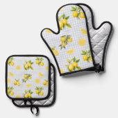 Pfirsich-Limonen-Gingham Ofenhandschuh & Topflappen-Set (Vorderseite/Rückseite)