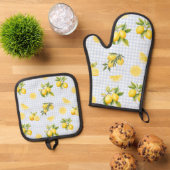 Pfirsich-Limonen-Gingham Ofenhandschuh & Topflappen-Set (Oben Unten)