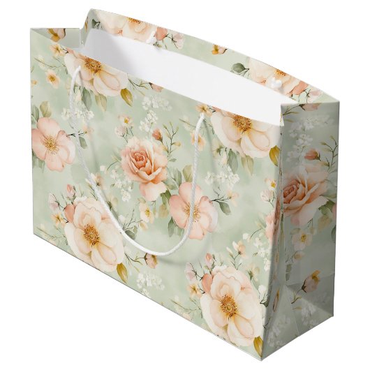 Pfirsich-Minze-Hübsche-Rosen-Blumen-Braut-Party Große Geschenktüte (Rückseite Schrägansicht)