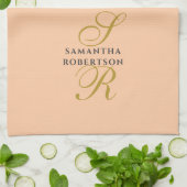 Pfirsich-Monogramm Gold-Grau Name Minimalistisch S Geschirrtuch (Gefaltet)