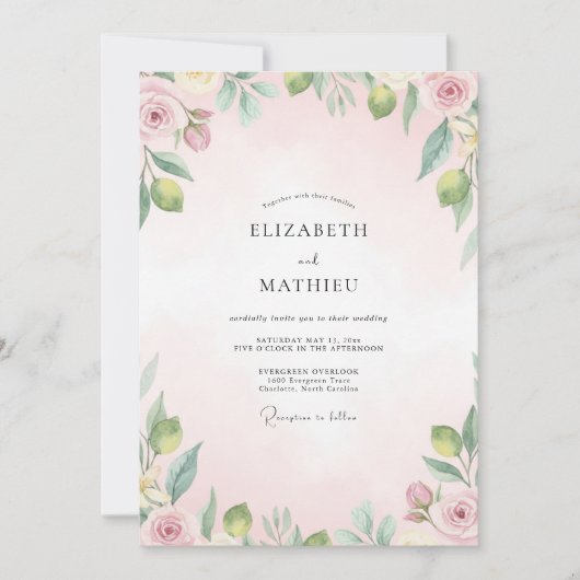 Pfirsich-Oliv-Blatt-Hochzeit Einladung (Vorderseite)