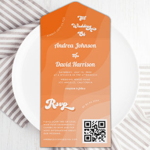 Pfirsich Orange Retro-Welle Groovy 70er QR-Code Ho All In One Einladung