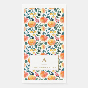 Pfirsich Orange Wasserfarben Blumenmonogramm Famil Serviette