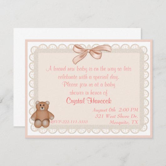 Pfirsich-Ösen-süße Babyparty-Einladung Einladung (Vorne/Hinten)