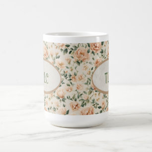 Pfirsich-Pfingstrose und Wasserfarben-Monogramm mi Kaffeetasse