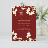 Pfirsich/Pflaumenblüten Doppelglücksgefühl Roter E Einladung (Stehend Vorderseite)