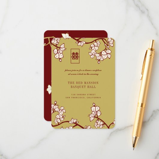 Pfirsich/Pflaumenblüten Rotes Doppelglücksgefühl E Begleitkarte (Vorderseite/Rückseite Beispiel)