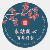 Pfirsich/Pflaumenblüten Rotes Doppelglückssehen Runder Aufkleber (Vorderseite)