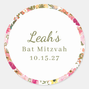 Pfirsich Pink Yellow Floral Bat Mitzvah Individuel Runder Aufkleber